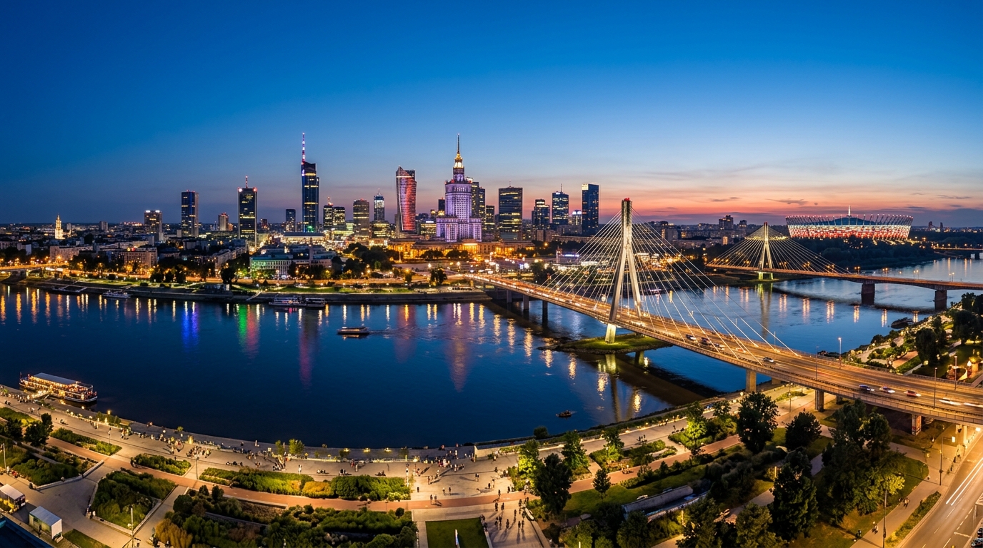 Nocna panorama Wisły, Most Świętokrzyski i Stadion Narodowy